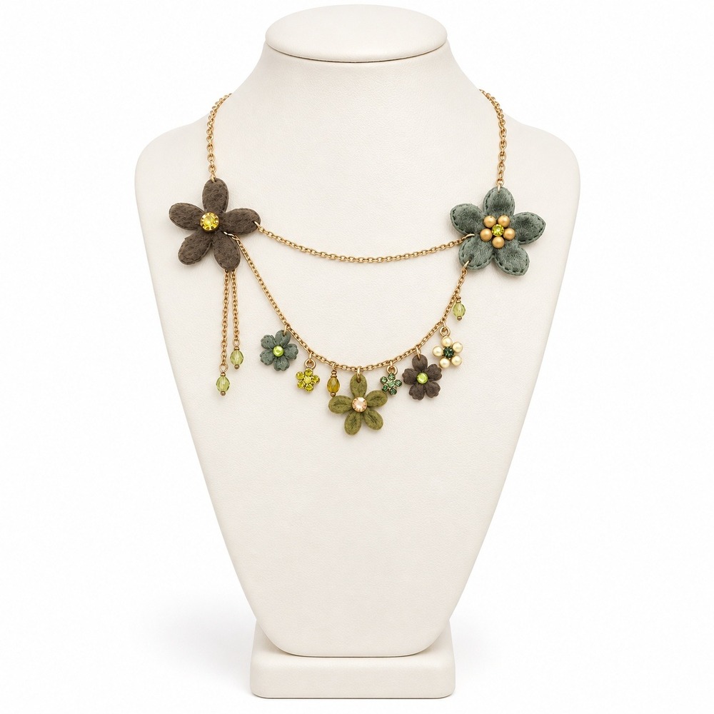Pilgrim Floral Green Fabric Necklace Gold Plated Swarovski Crystals 14-17"